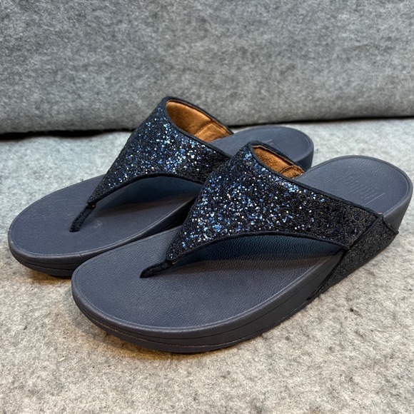 Fitflop Iqushion Sparkle Navy Blue‎ Thong Platform Comfort Sandals Women's 8.5 - Picture 1 of 9